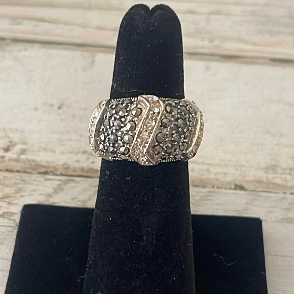 Sterling Silver Marcasite Crystal Wide Band Statement Ring - Picture 2 of 8